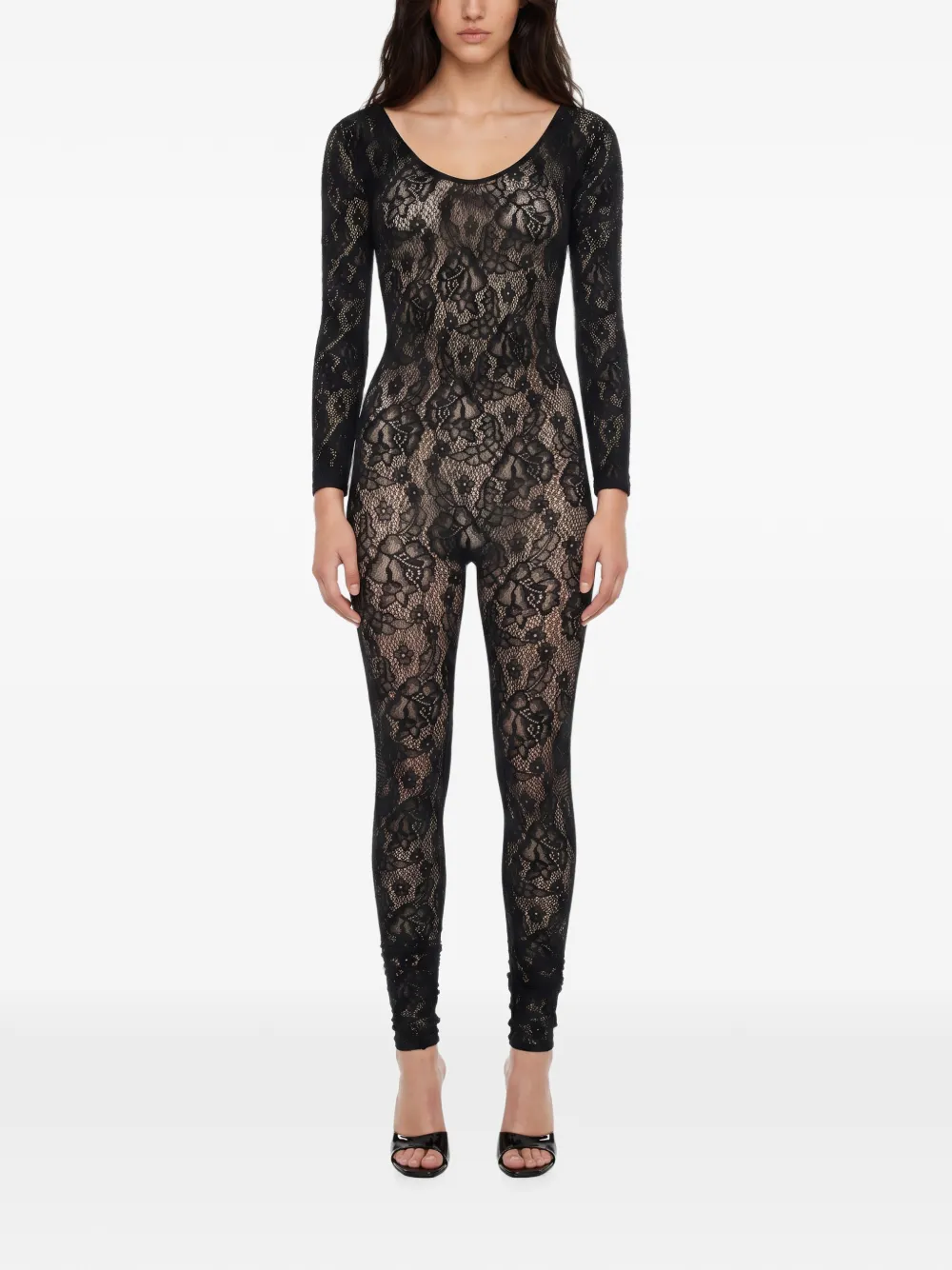 Wolford Semi-doorzichtige jumpsuit met bloemenkant Zwart