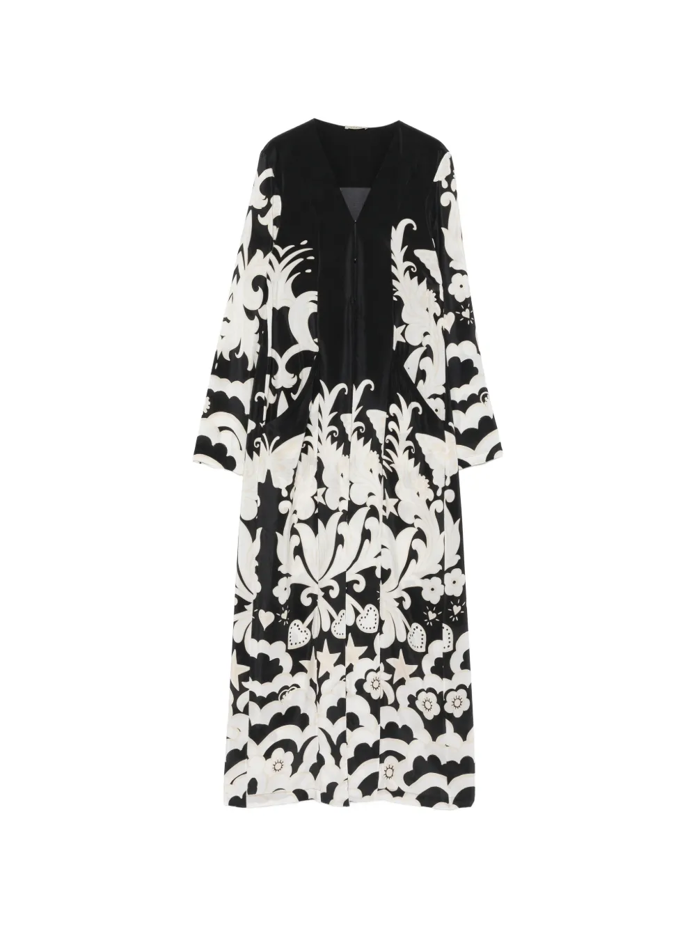 Faliero Sarti graphic-print V-neck single-breasted silk coat - Nero