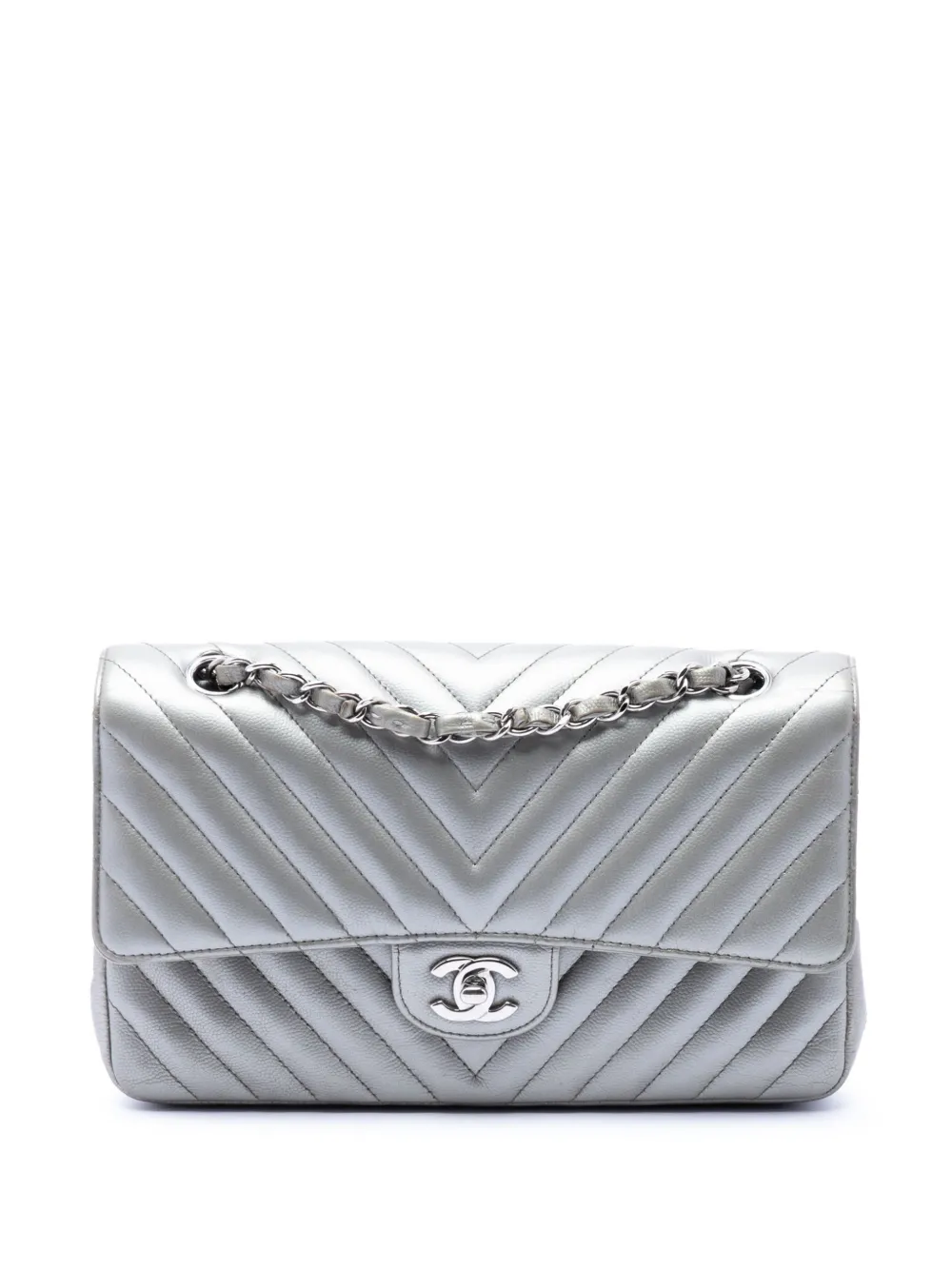 CHANEL Pre-Owned 2016-2017 Medium Classic Chevron Metallic Caviar Double Flap shoulder bag - Silver
