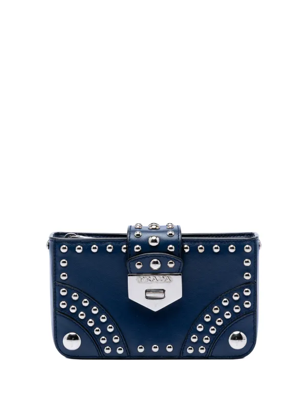 Prada Pre-owned 2013-2026 City Calfskin Studded Elektra Turn Lock Clutch Bag in Blue
