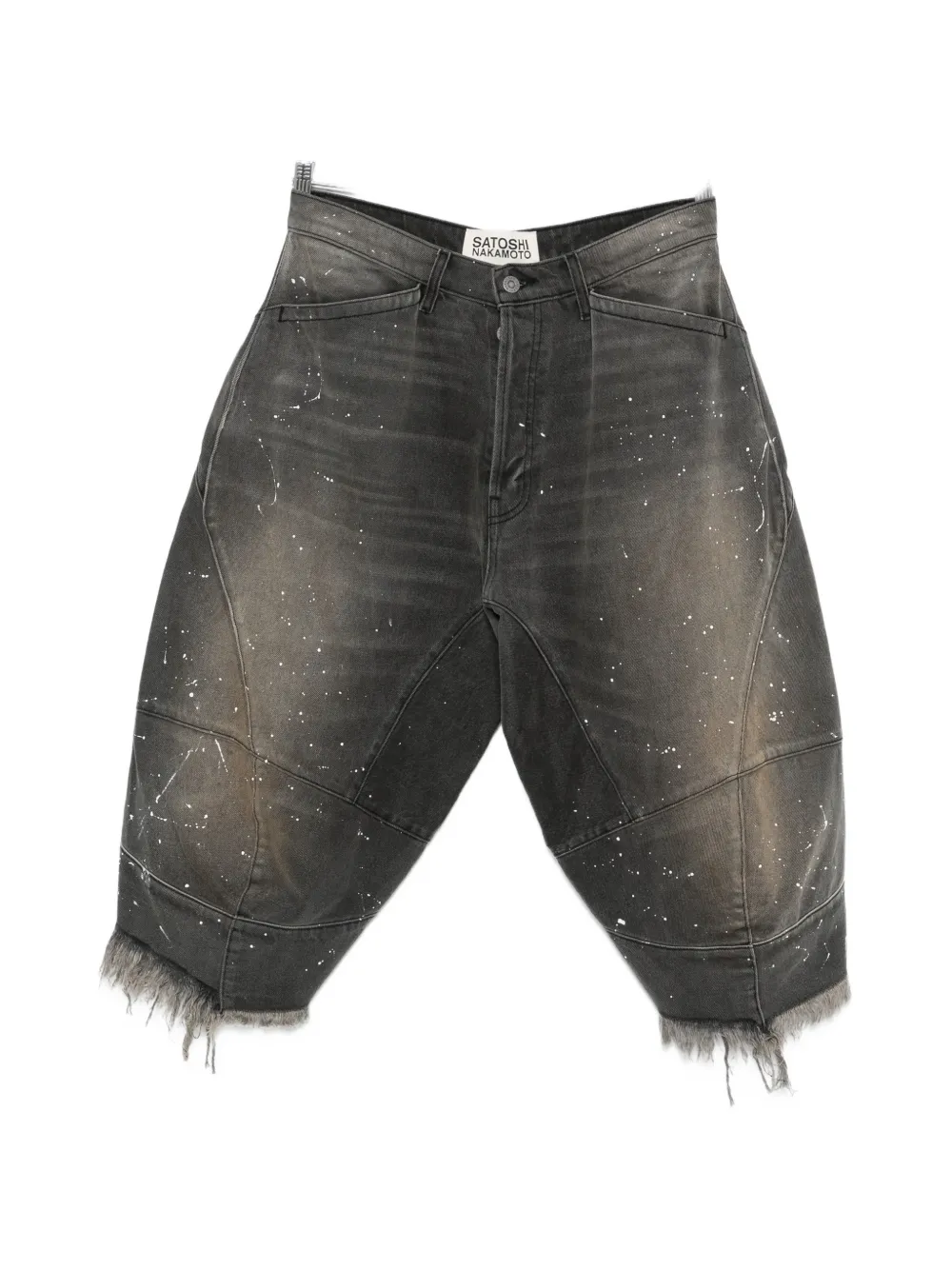 SATOSHI NAKAMOTO paint-splatter frayed-hem shorts - Grigio