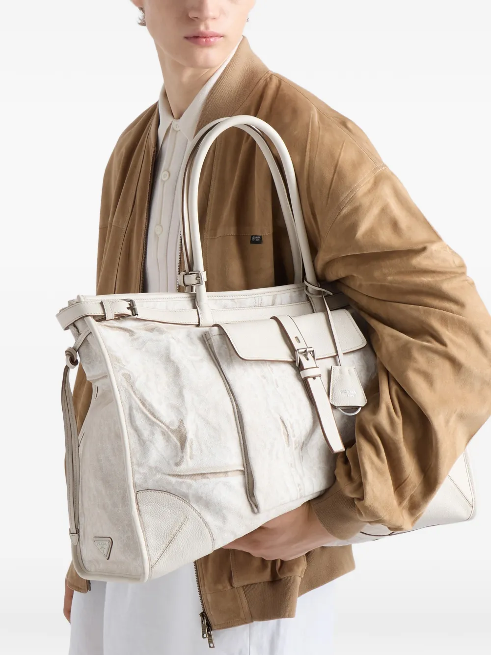 Prada Bonnielinnen en leren shopper met print Beige