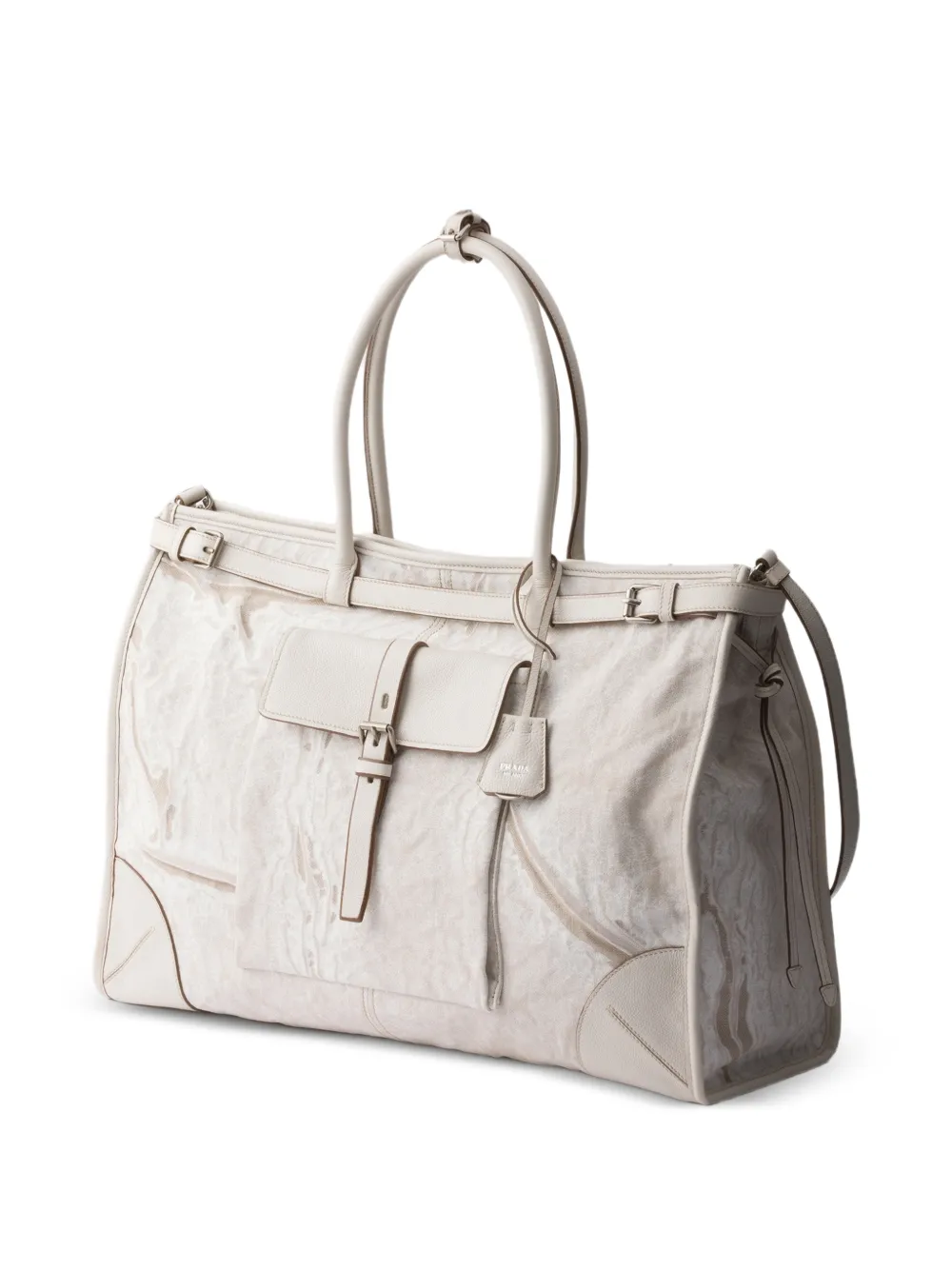 Prada Bonnielinnen en leren shopper met print Beige