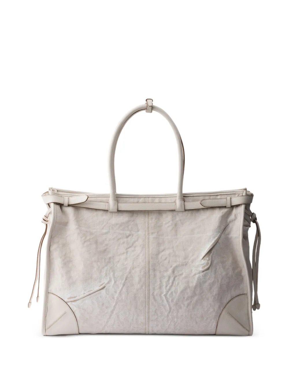 Prada Bonnielinnen en leren shopper met print Beige