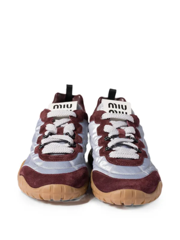 虎様Miu Miu スエード スニーカー ボルドー Miu Miu Tyre Technical Fabric And Suede Sneakers | Silver | FARFETCH