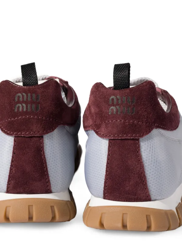 虎様Miu Miu スエード スニーカー ボルドー Miu Miu Tyre Technical Fabric And Suede Sneakers | Silver | FARFETCH