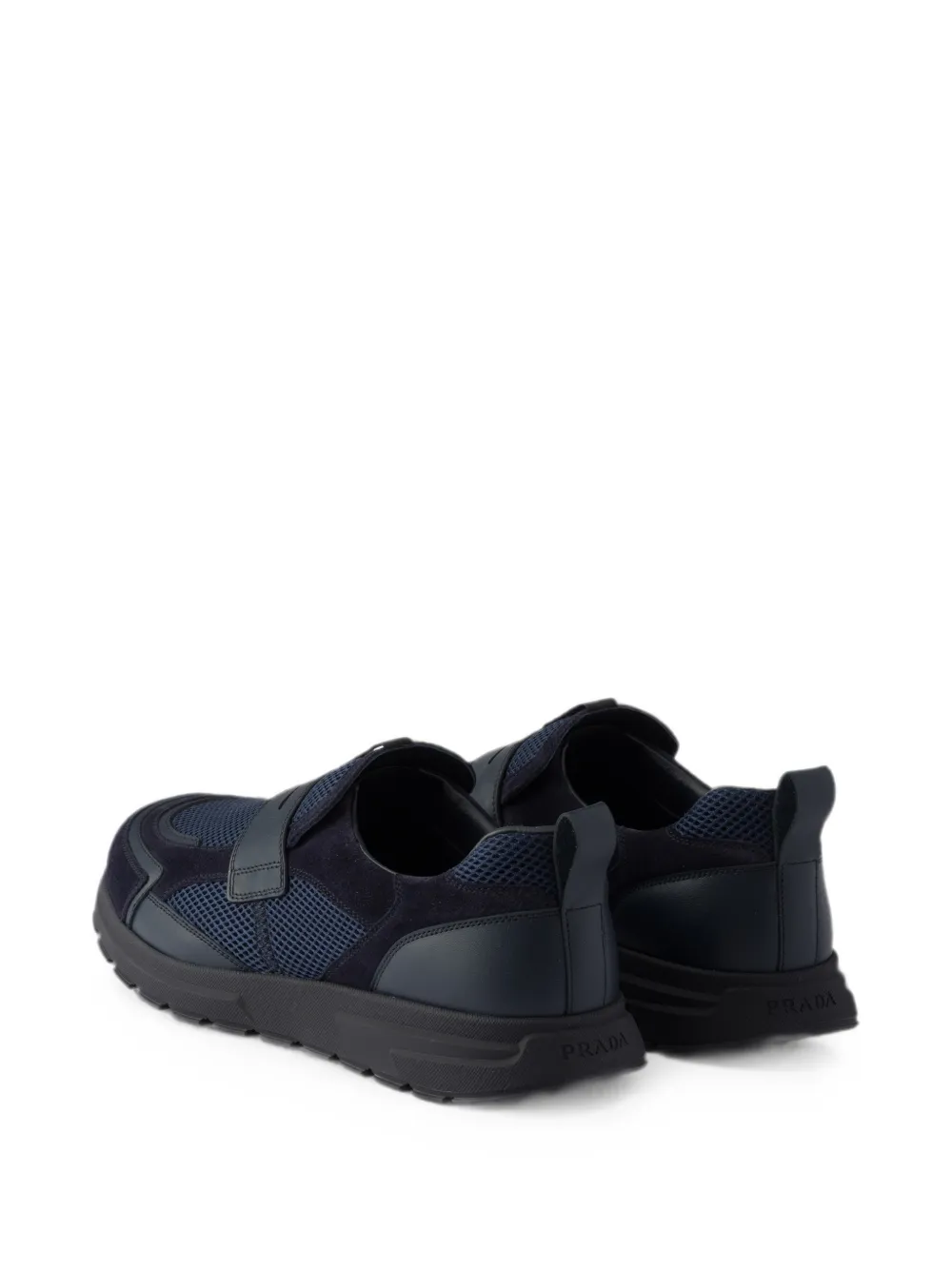 Prada Prax mesh fabric and leather loafers Blauw