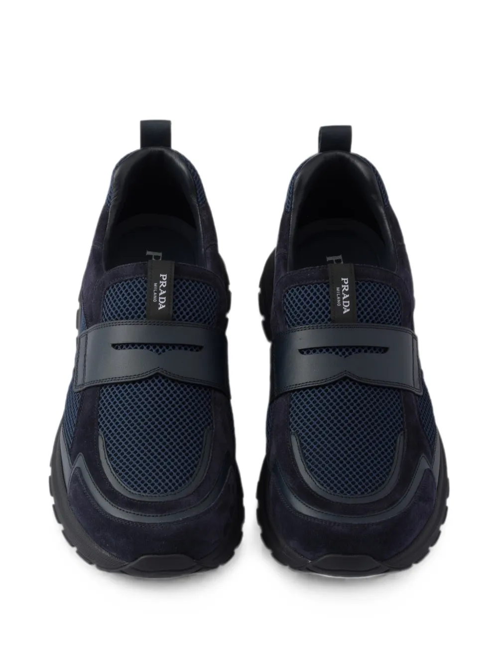 Prada Prax mesh fabric and leather loafers Blauw