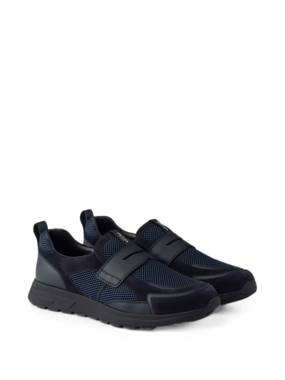 Prada Prax mesh fabric and leather loafers Blauw