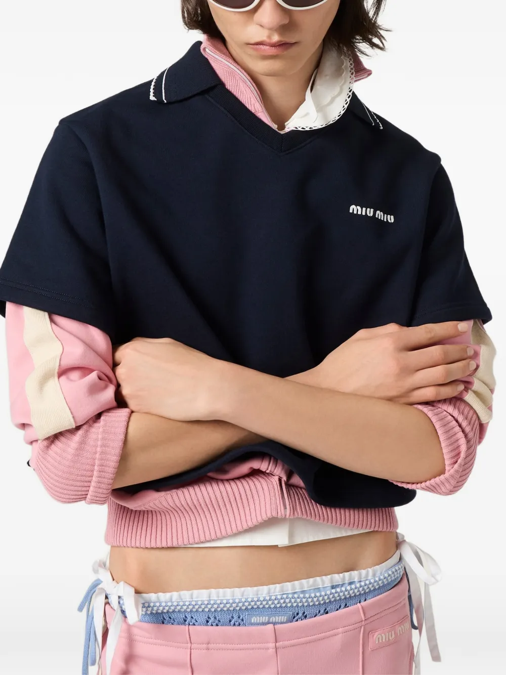 Miu Fleece katoenen cropped sweater Blauw