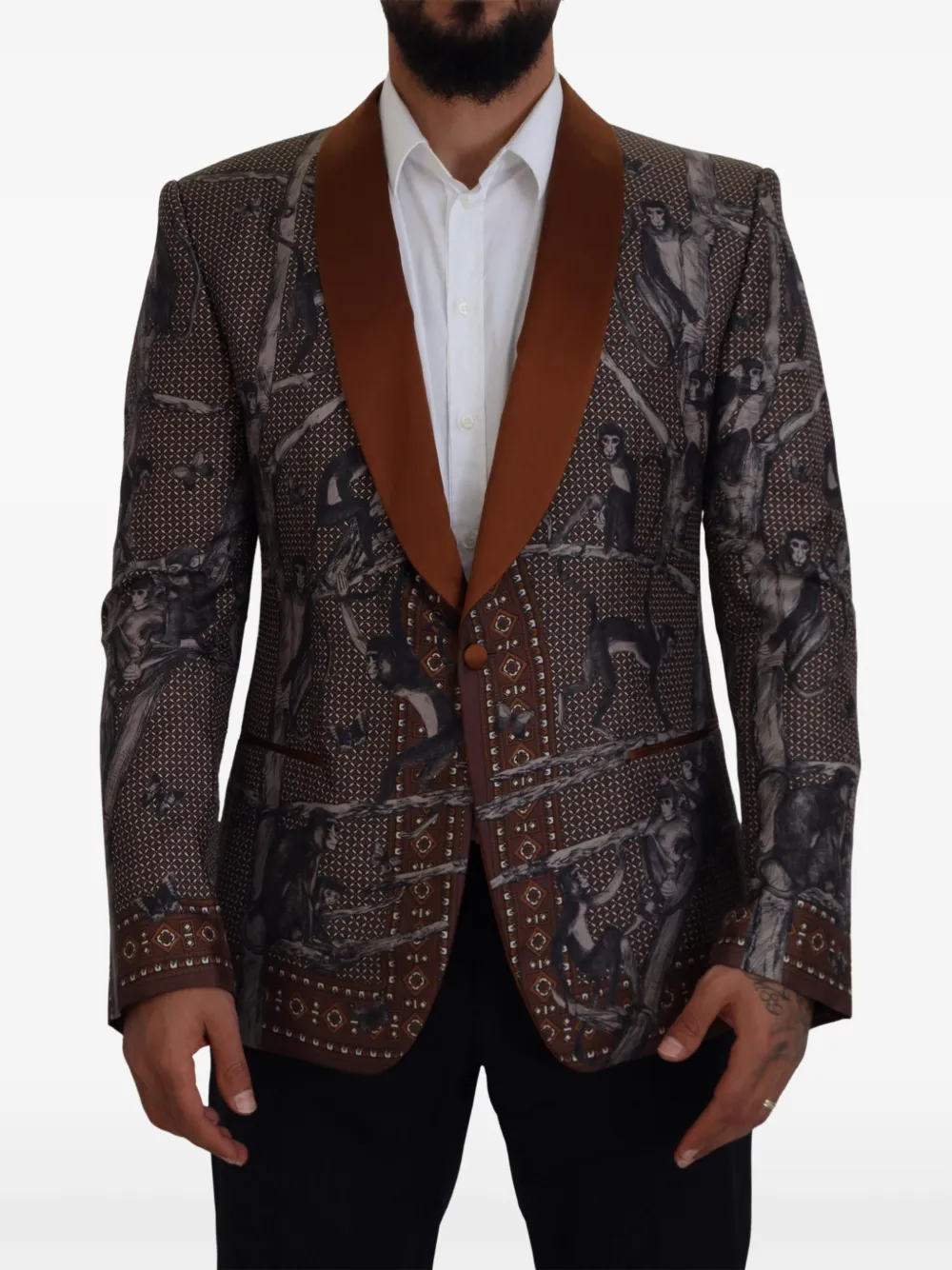 Dolce & Gabbana Blazer met sjaalrevers en apen-print Bruin