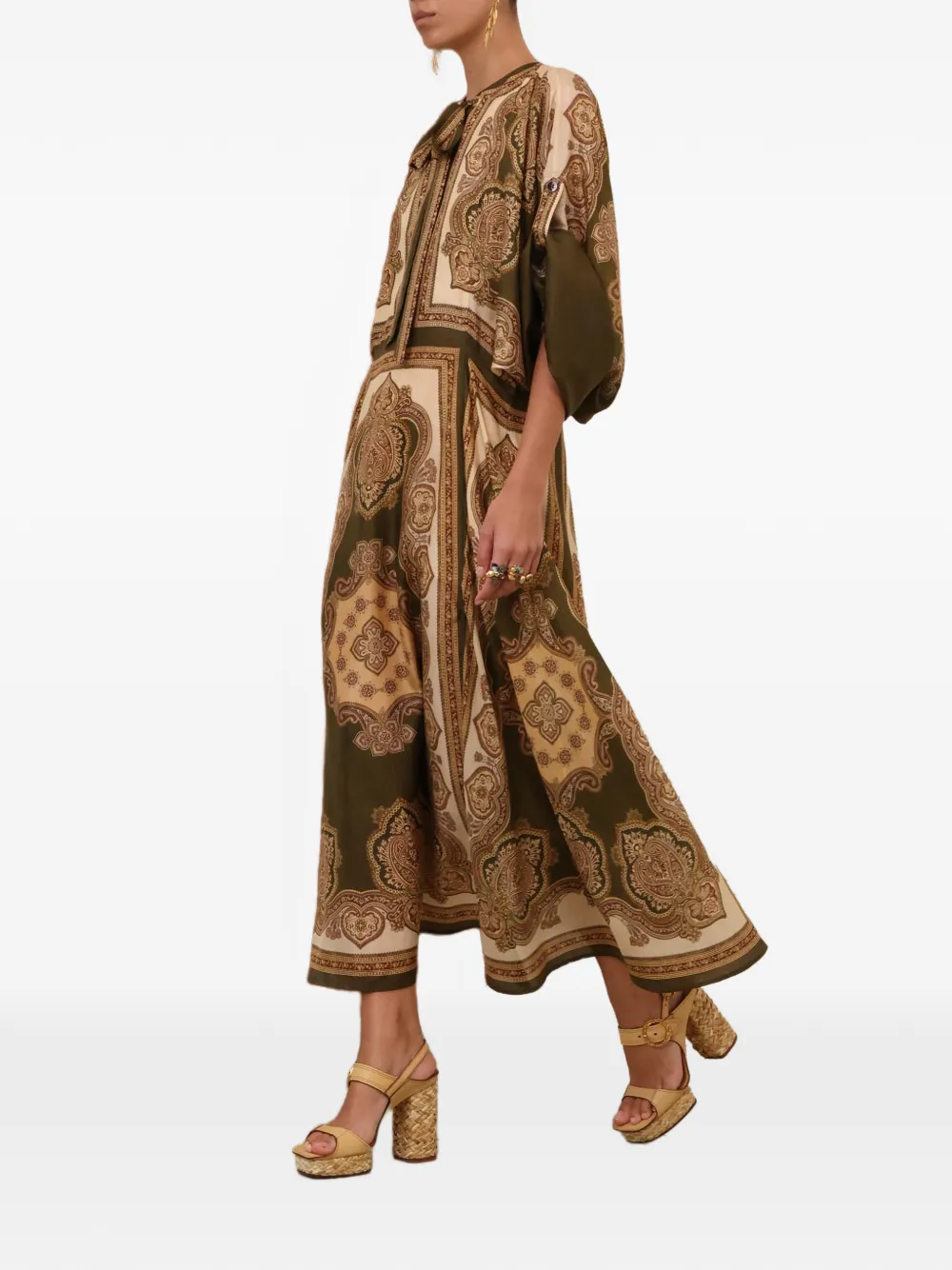 ZIMMERMANN Mahon midi-jurk met paisley-print en gestrikte hals Bruin