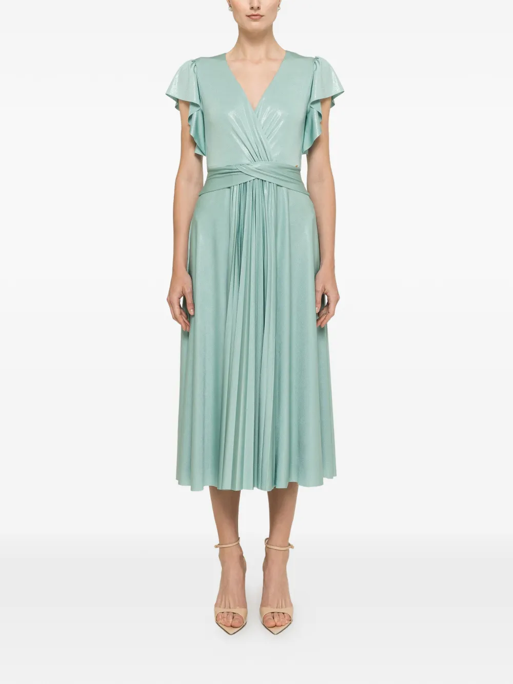 NISSA glossy-effect ruffled midi dress - Verde