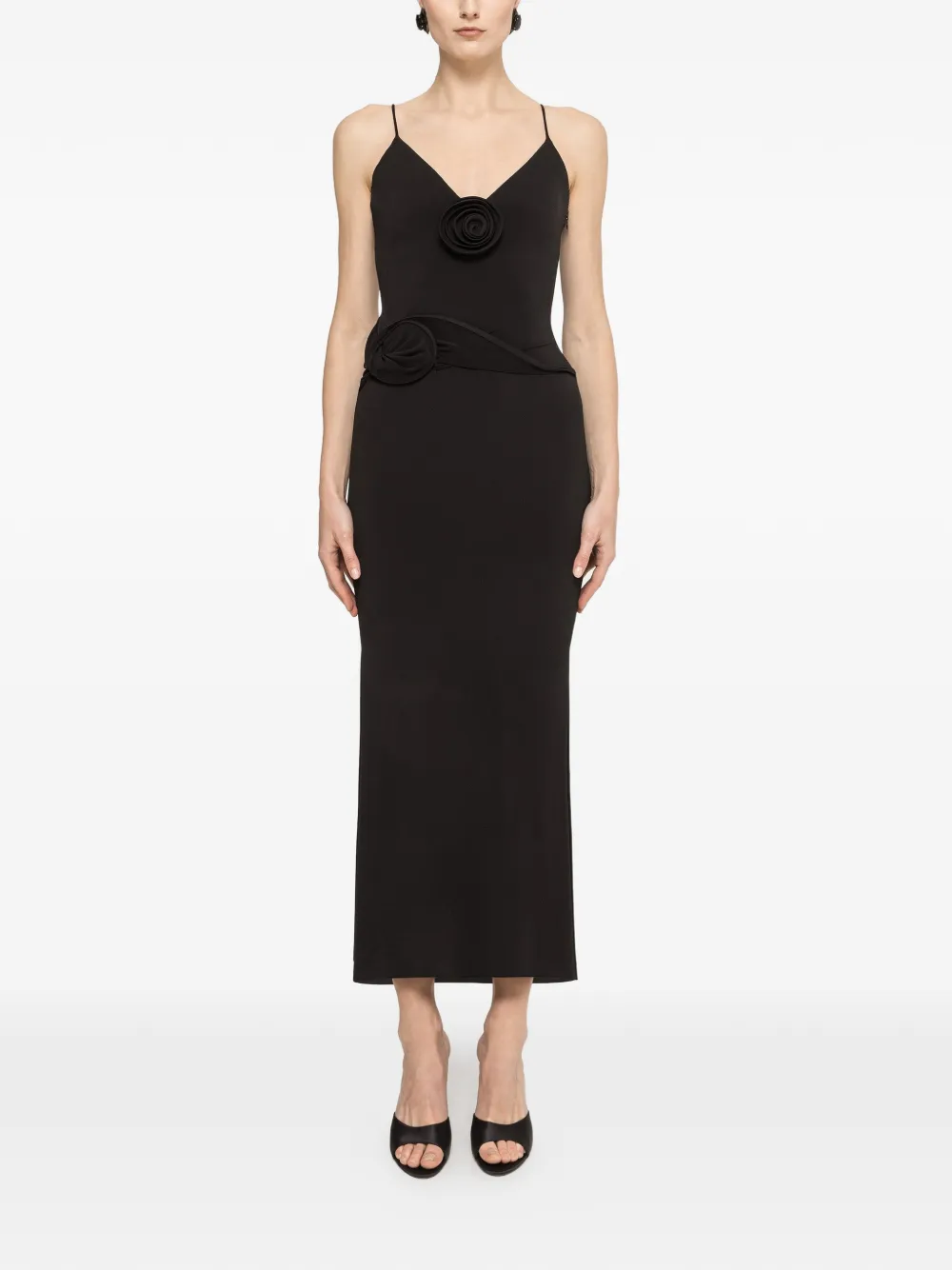 NISSA floral-appliqué spaghetti-strap midi dress - Black