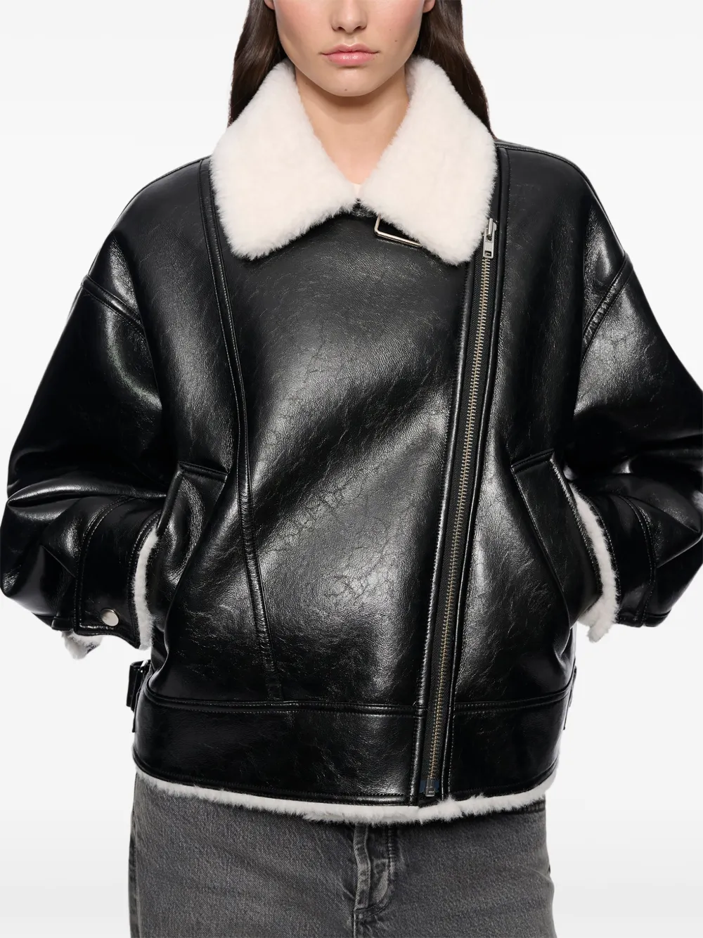 STAND STUDIO Pica faux-shearling-trim biker jacket Zwart