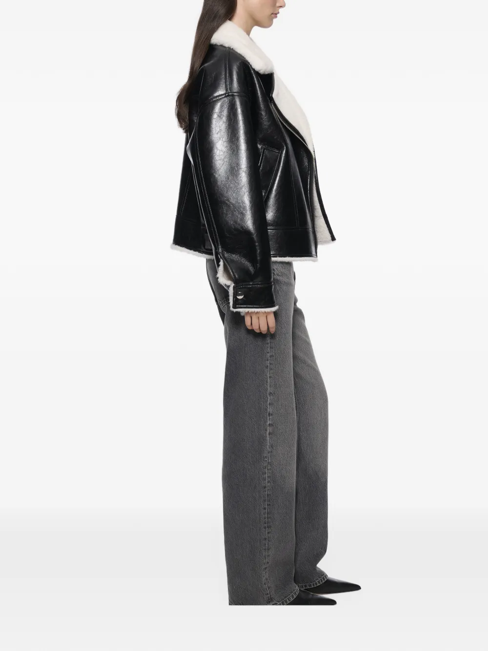 STAND STUDIO Pica faux-shearling-trim biker jacket Zwart
