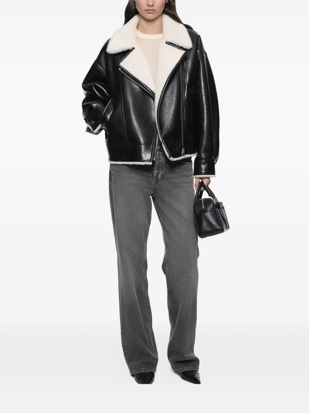 STAND STUDIO Pica faux-shearling-trim biker jacket Zwart