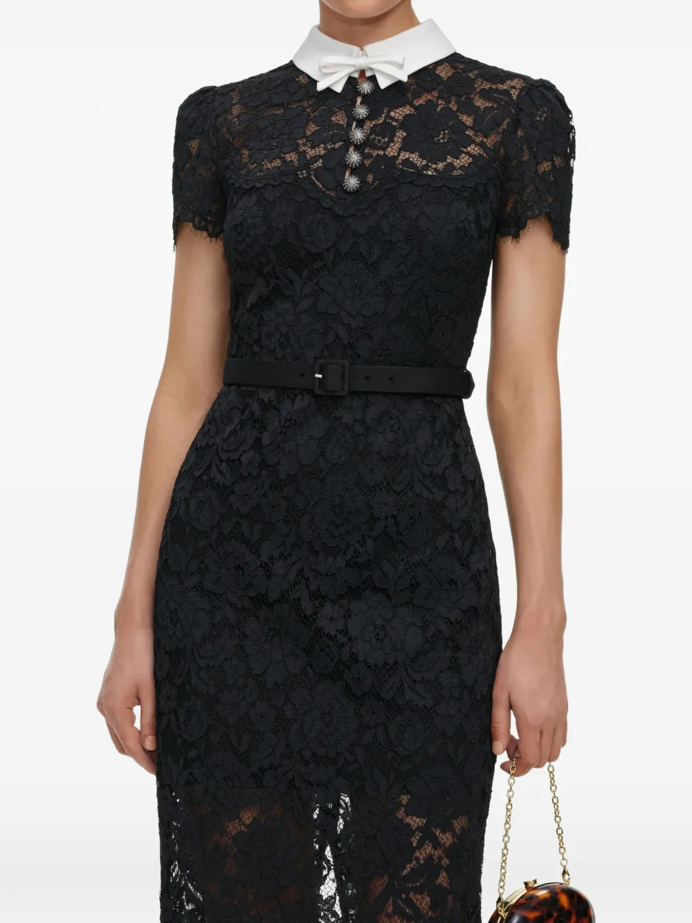Self-Portrait black lace contrast collar midi dress - Schwarz
