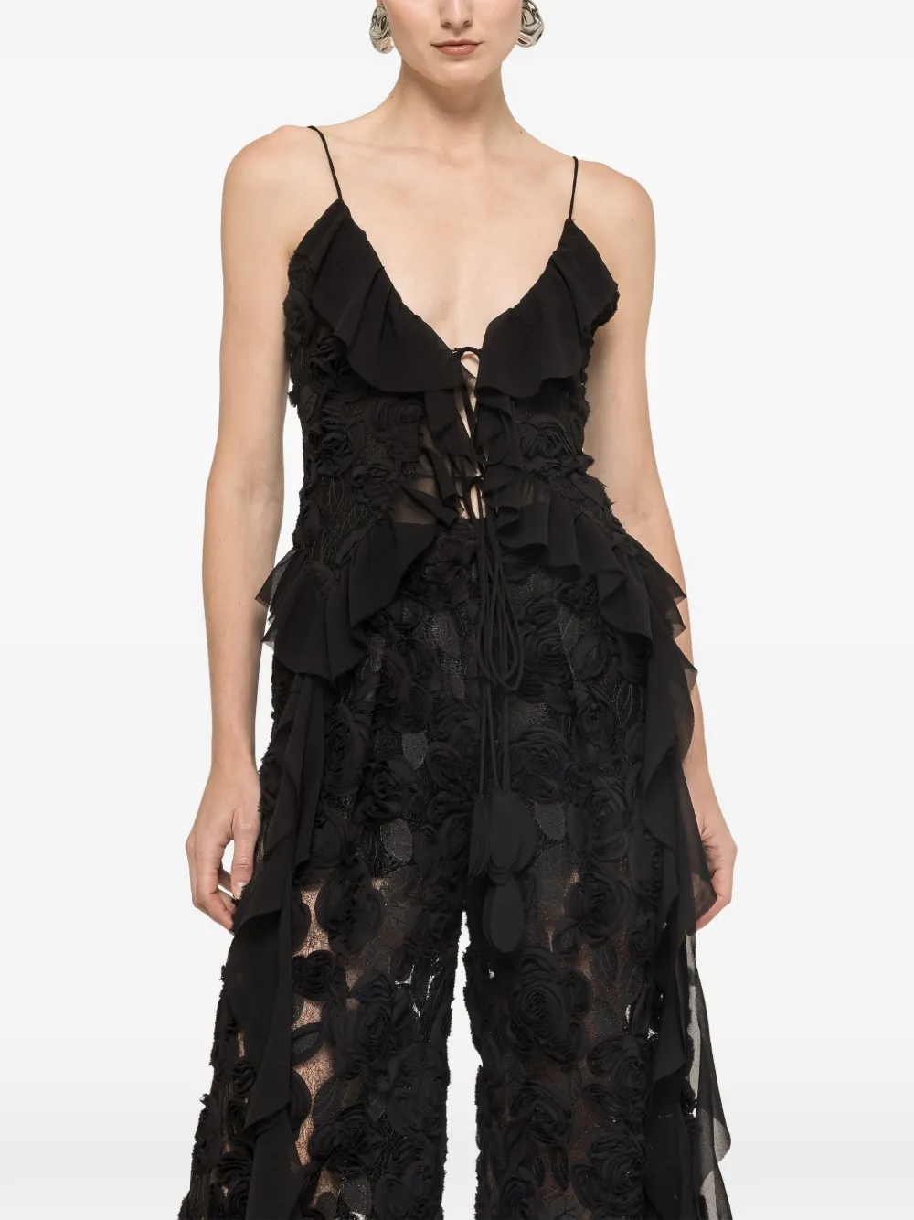 NISSA 3D floral-embroidered ruffled top - Black
