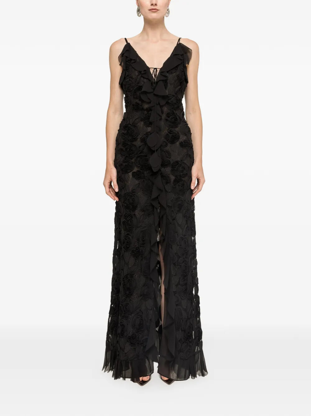 NISSA floral-embroidered ruffled maxi dress - Nero
