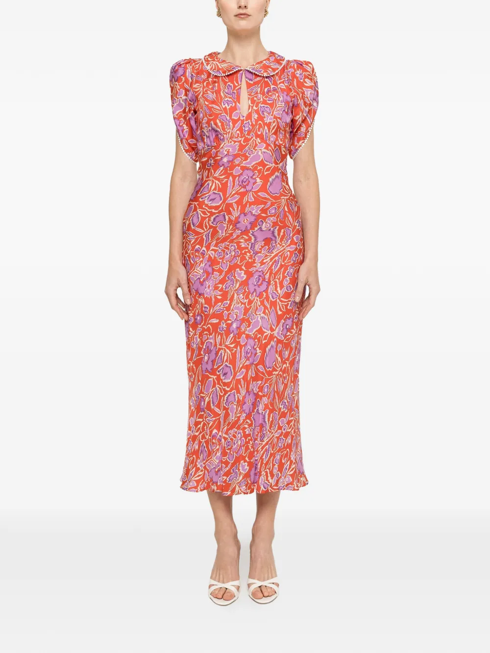 NISSA floral-print Peter Pan-collar midi dress - Red