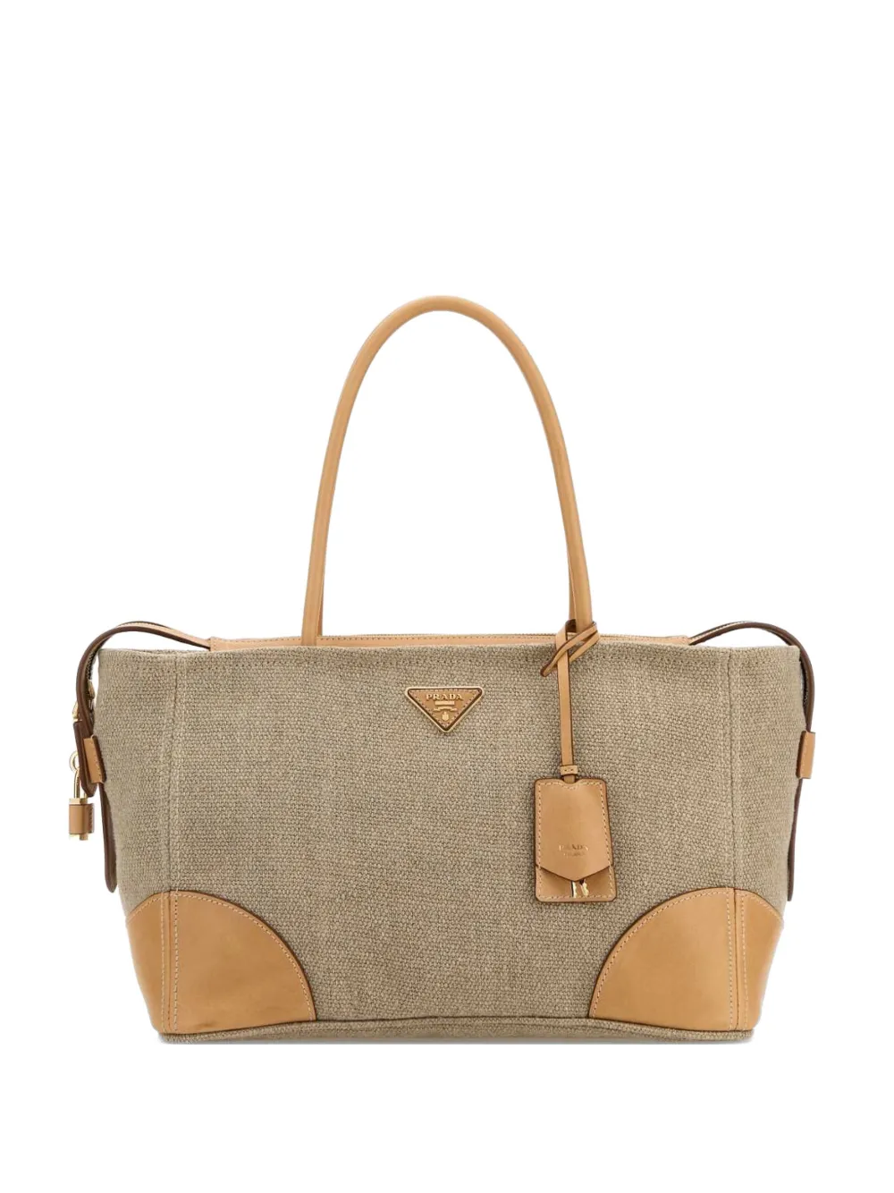 Prada large leather-trim canvas tote bag - Nude