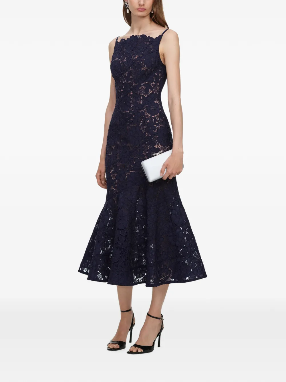 Self-Portrait Navy spiraalvormige midi-jurk met kant Blauw
