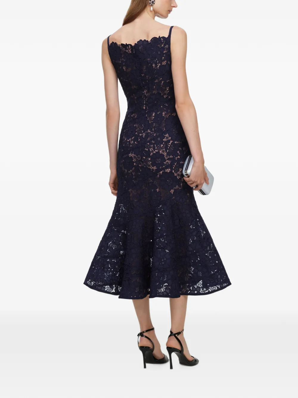 Self-Portrait Navy spiraalvormige midi-jurk met kant Blauw