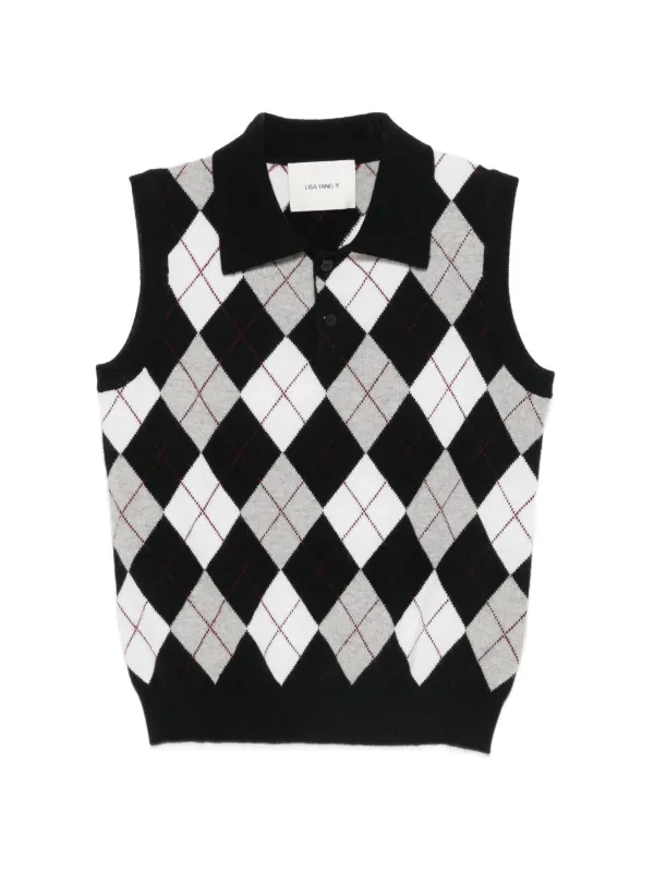 Lisa Yang Anwen Argyle-knit Polo Top in Black