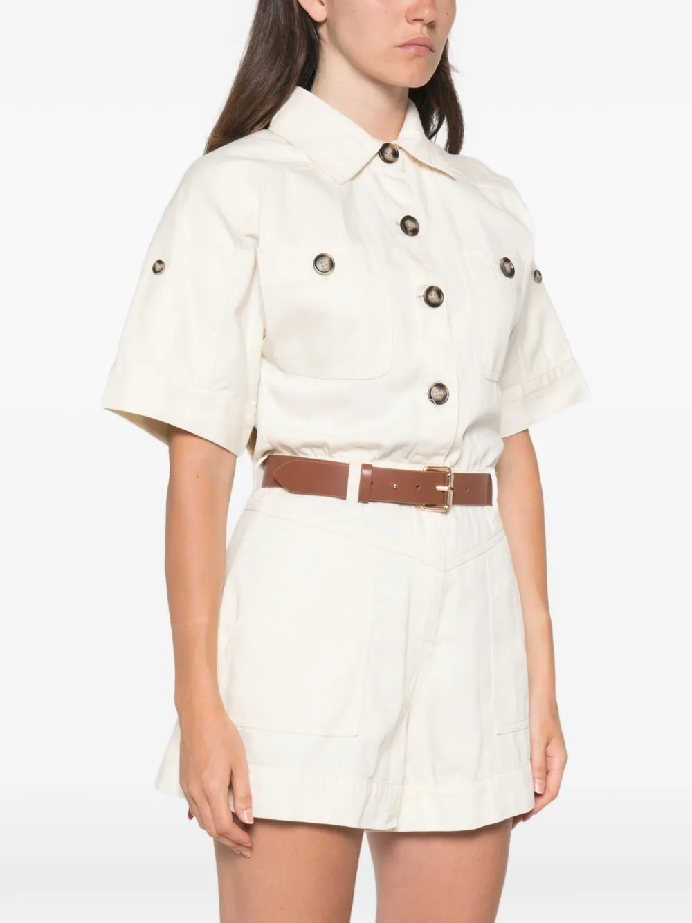Self-Portrait Denim playsuit met korte mouwen en knoopsluiting Beige