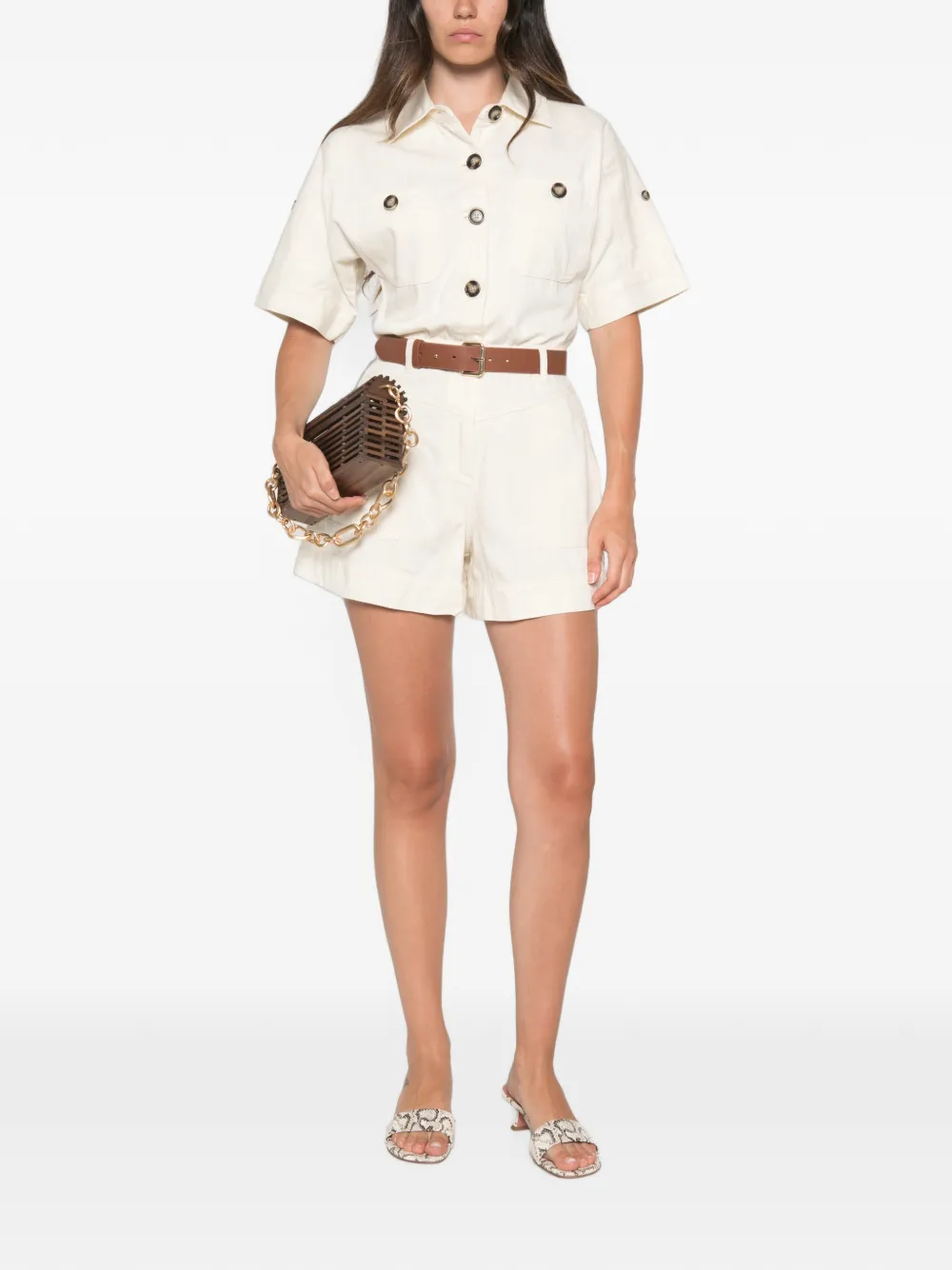 Self-Portrait Denim playsuit met korte mouwen en knoopsluiting Beige