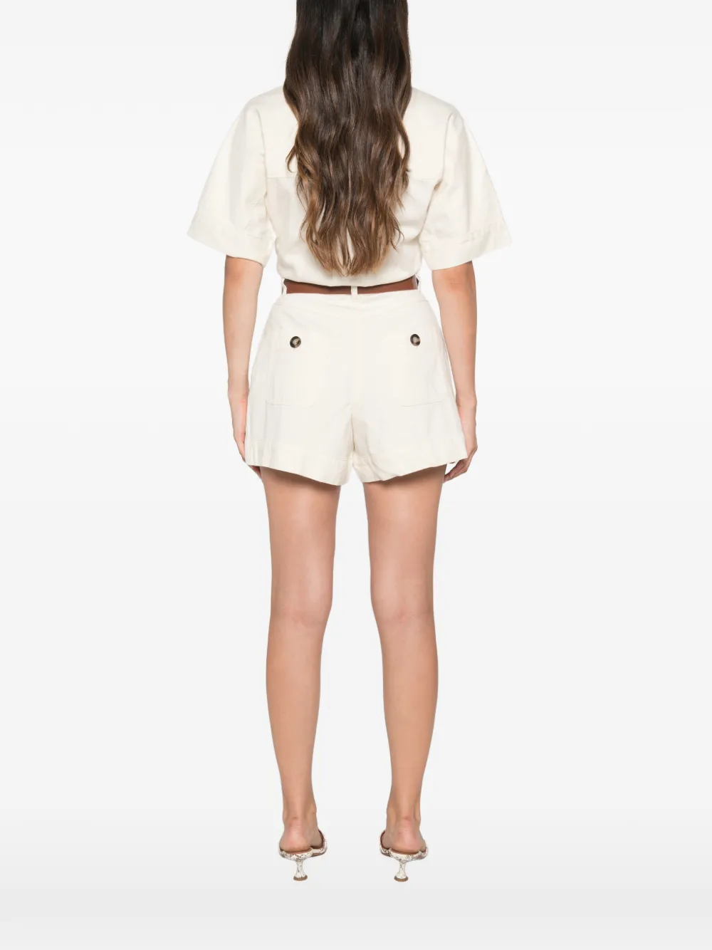 Self-Portrait Denim playsuit met korte mouwen en knoopsluiting Beige