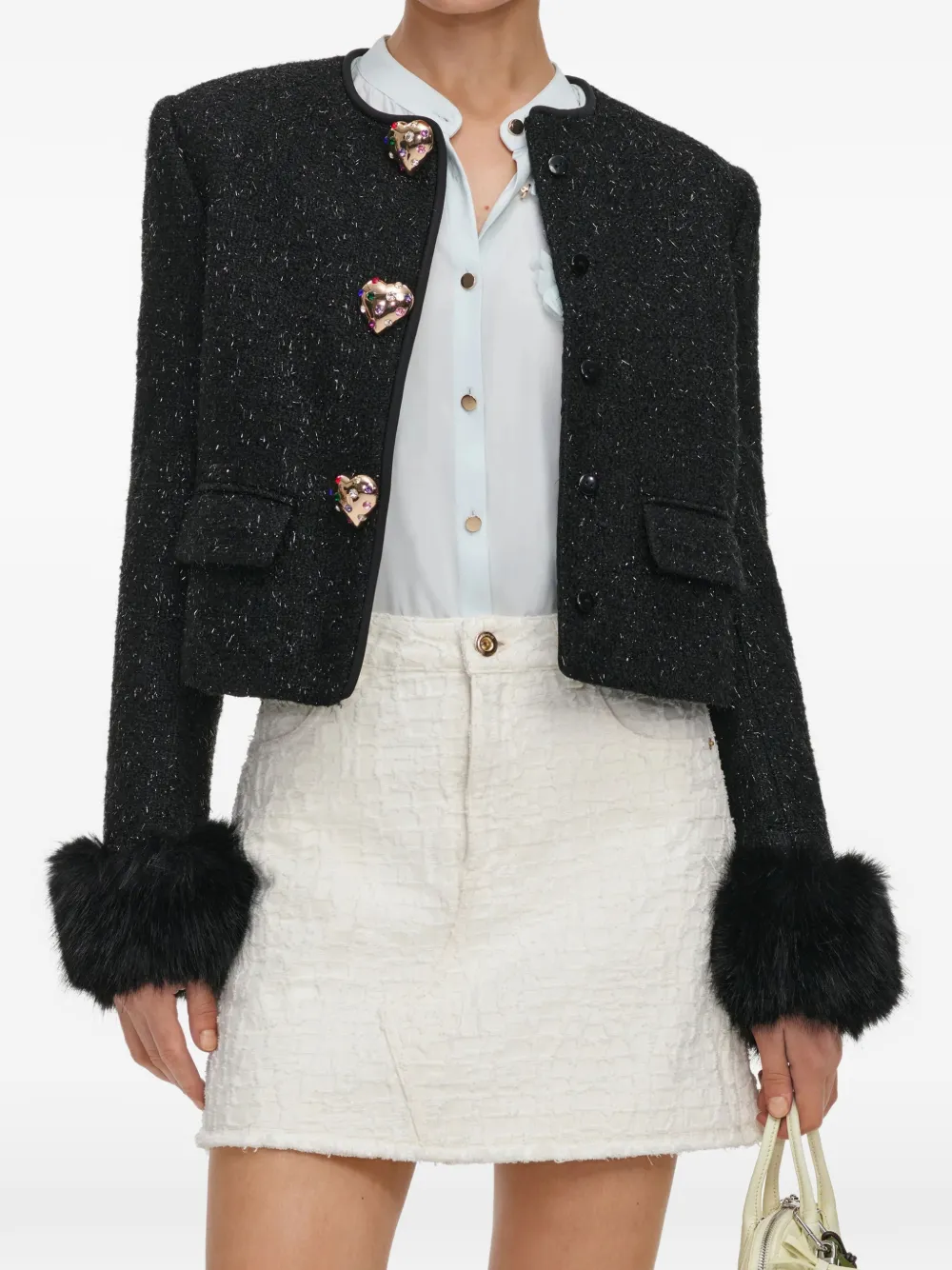 Self-Portrait black metallic boucle fur cuff jacket