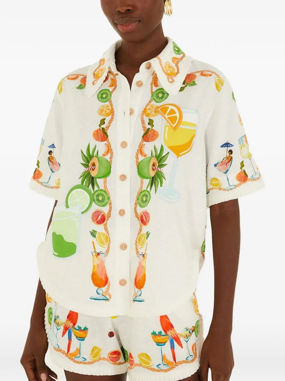 FARM Rio off-white biricutico scarf embroidered short-sleeve shirt - Nude