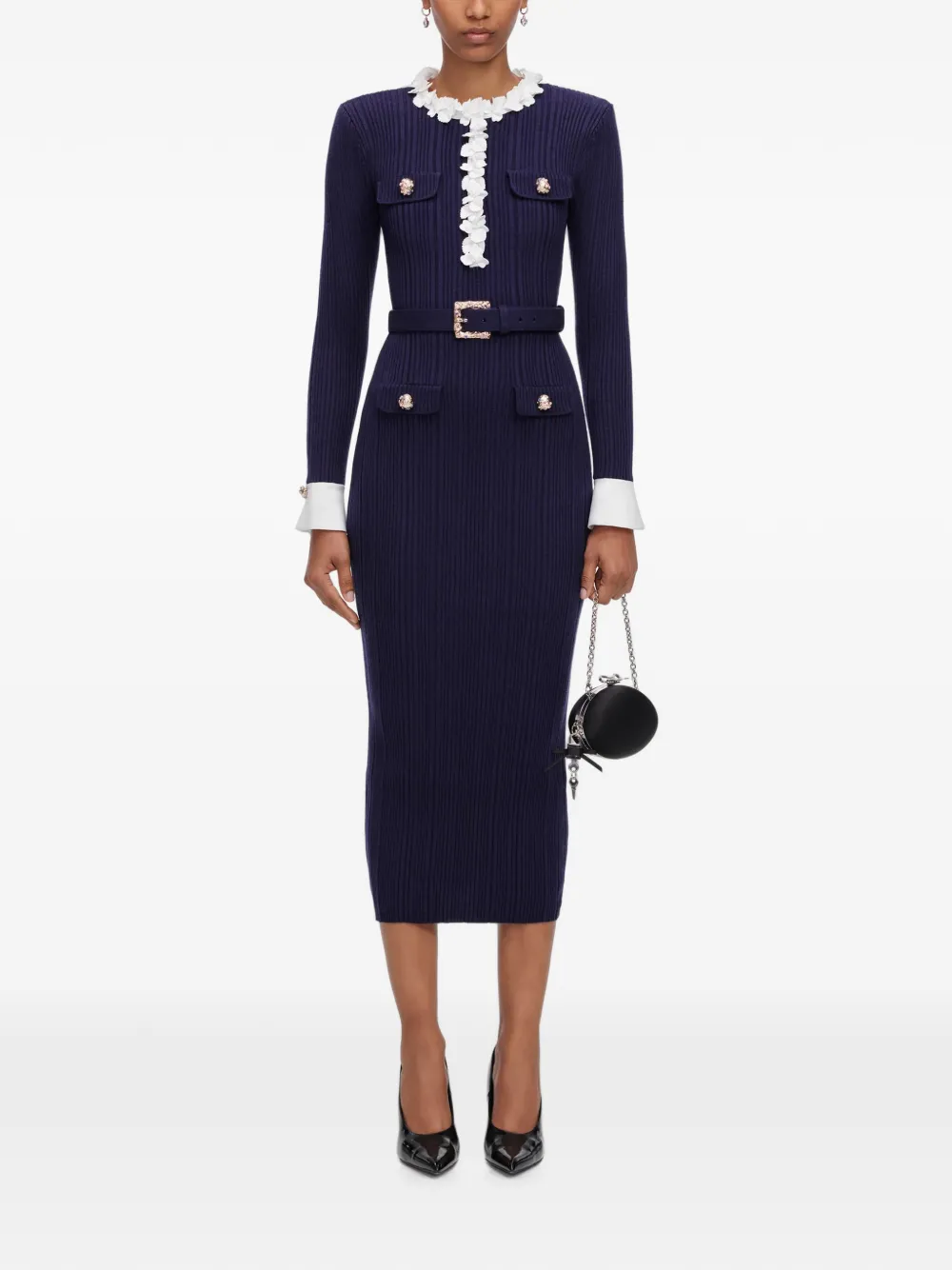 Self-Portrait Ribgebreide midi-jurk met marineblauwe bloemen
