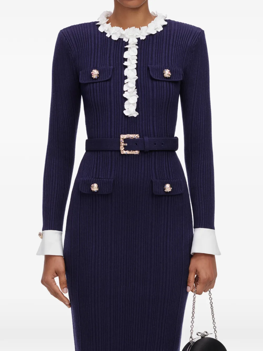 Self-Portrait navy flower rib-knit midi dress - Blue