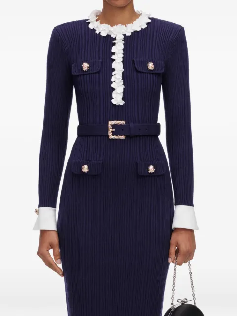 Self-Portrait navy flower rib-knit midi dress