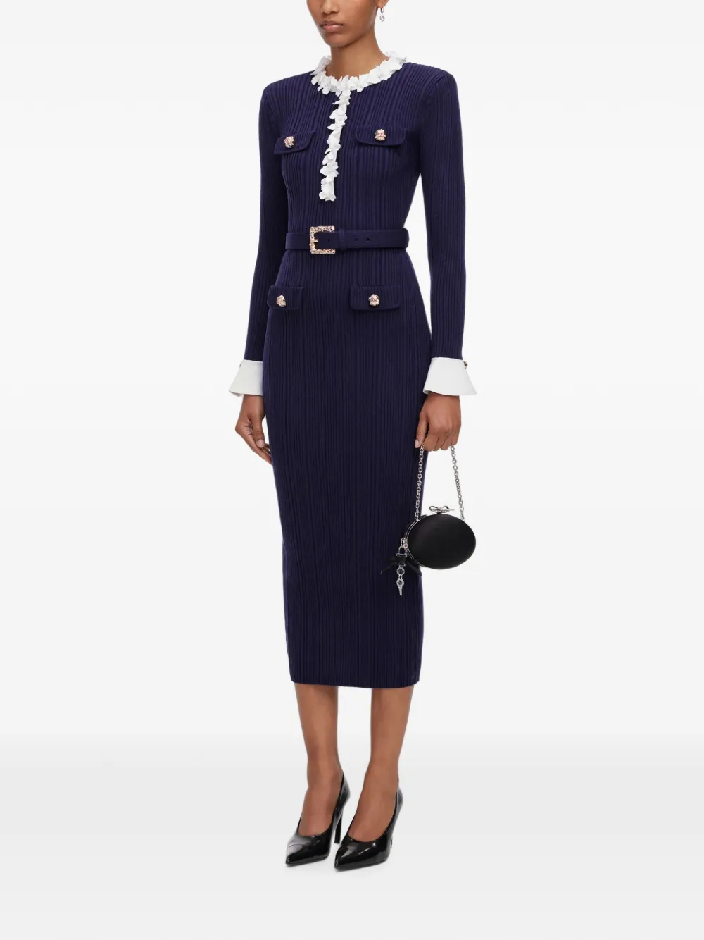 Self-Portrait Ribgebreide midi-jurk met marineblauwe bloemen