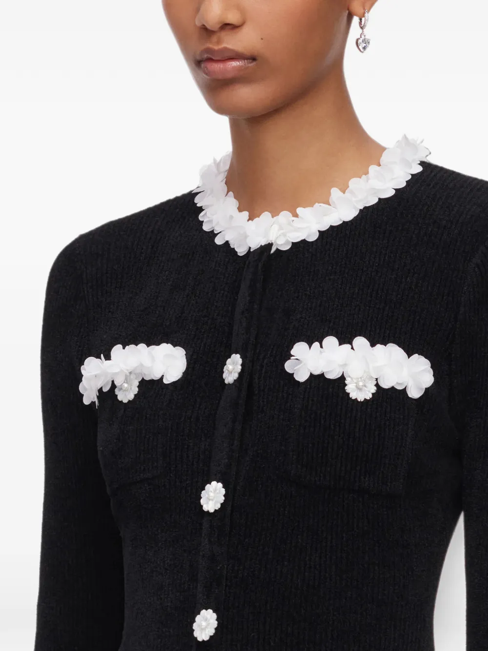 Self-Portrait Chenille gebreide mini-jurk met bloemenafwerking Zwart