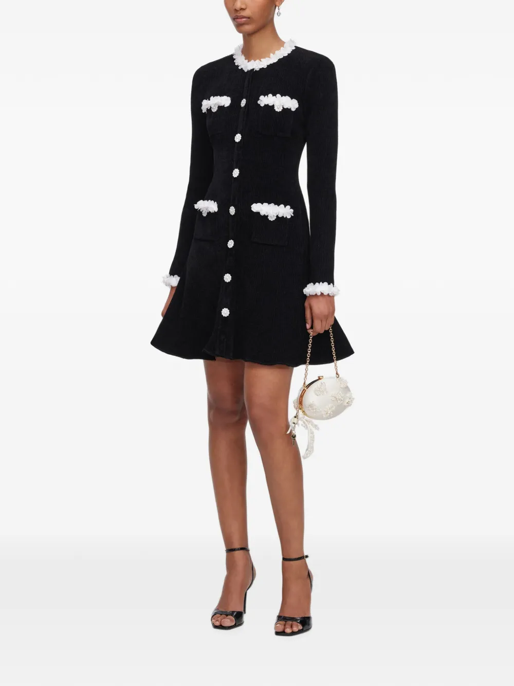 Self-Portrait Chenille gebreide mini-jurk met bloemenafwerking Zwart