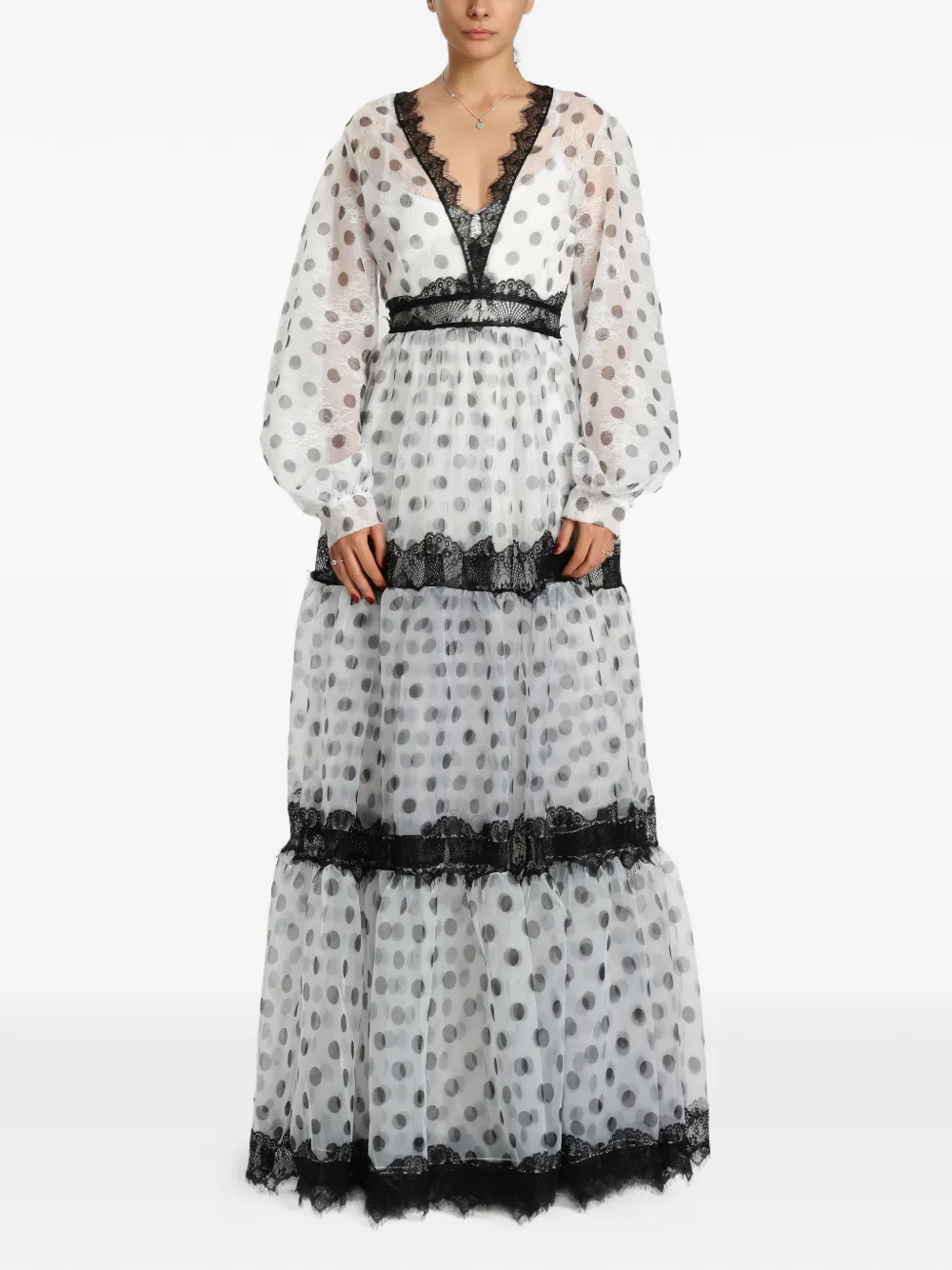 MIAU by Clara Rotescu Santorini lace-trimmed polka-dot maxi dress - Bianco