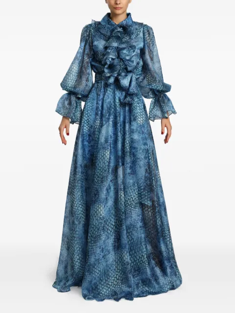 MIAU by Clara Rotescu Oceana ruffled snake-print maxi dress