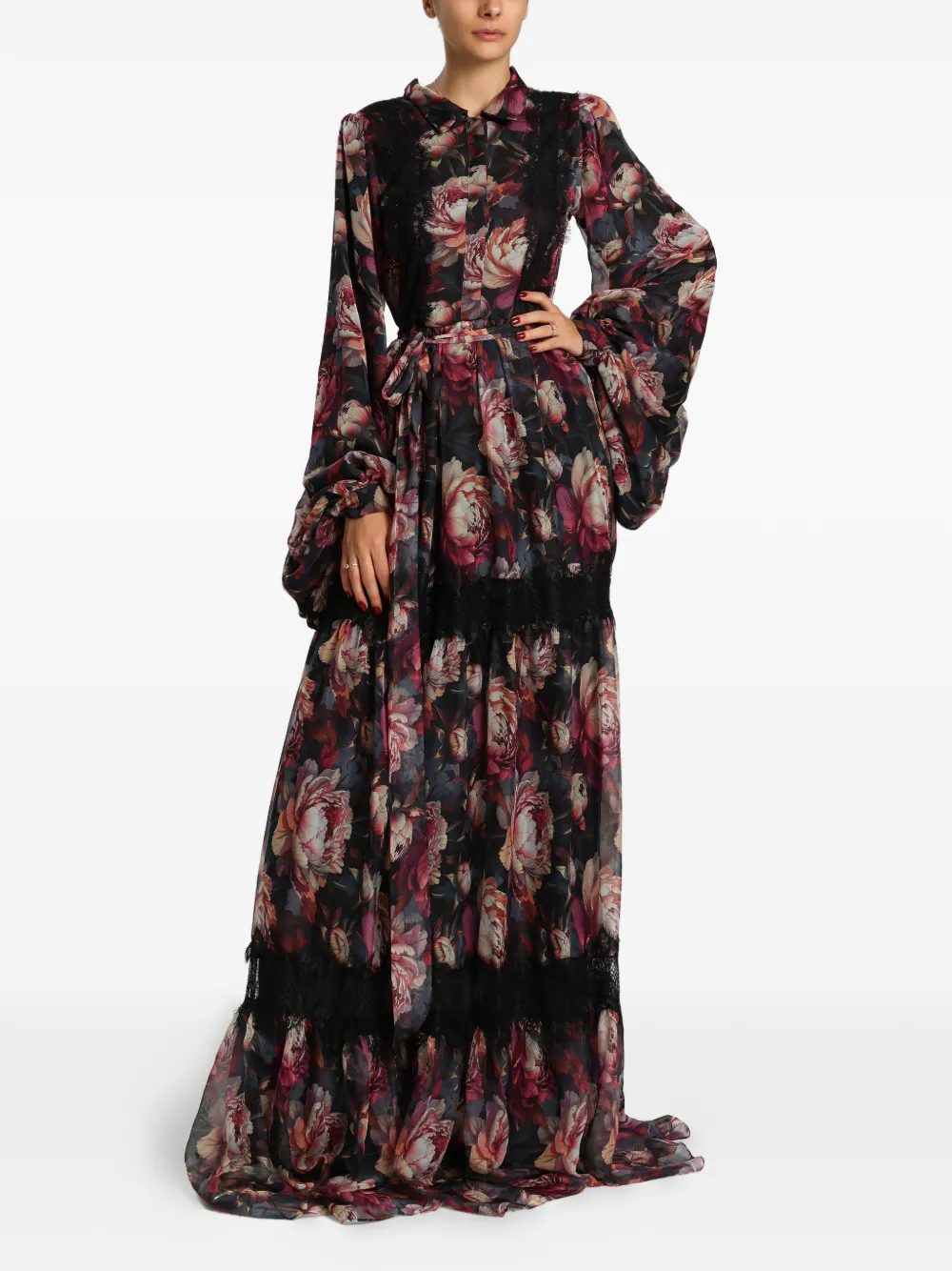 MIAU by Clara Rotescu Saskia floral-print lace-trim maxi dress - Nero