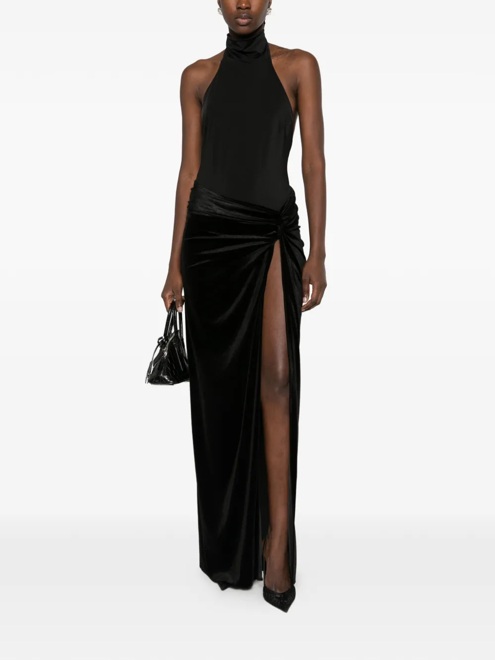 THE ANDAMANE halterneck open-back bodysuit maxi dress Zwart