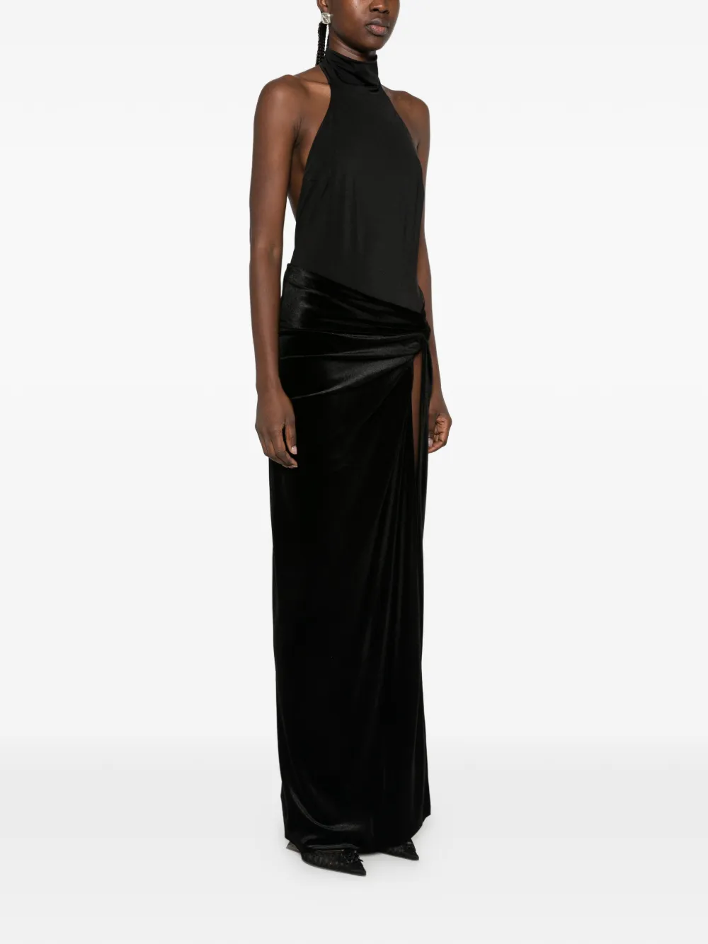 THE ANDAMANE halterneck open-back bodysuit maxi dress Zwart