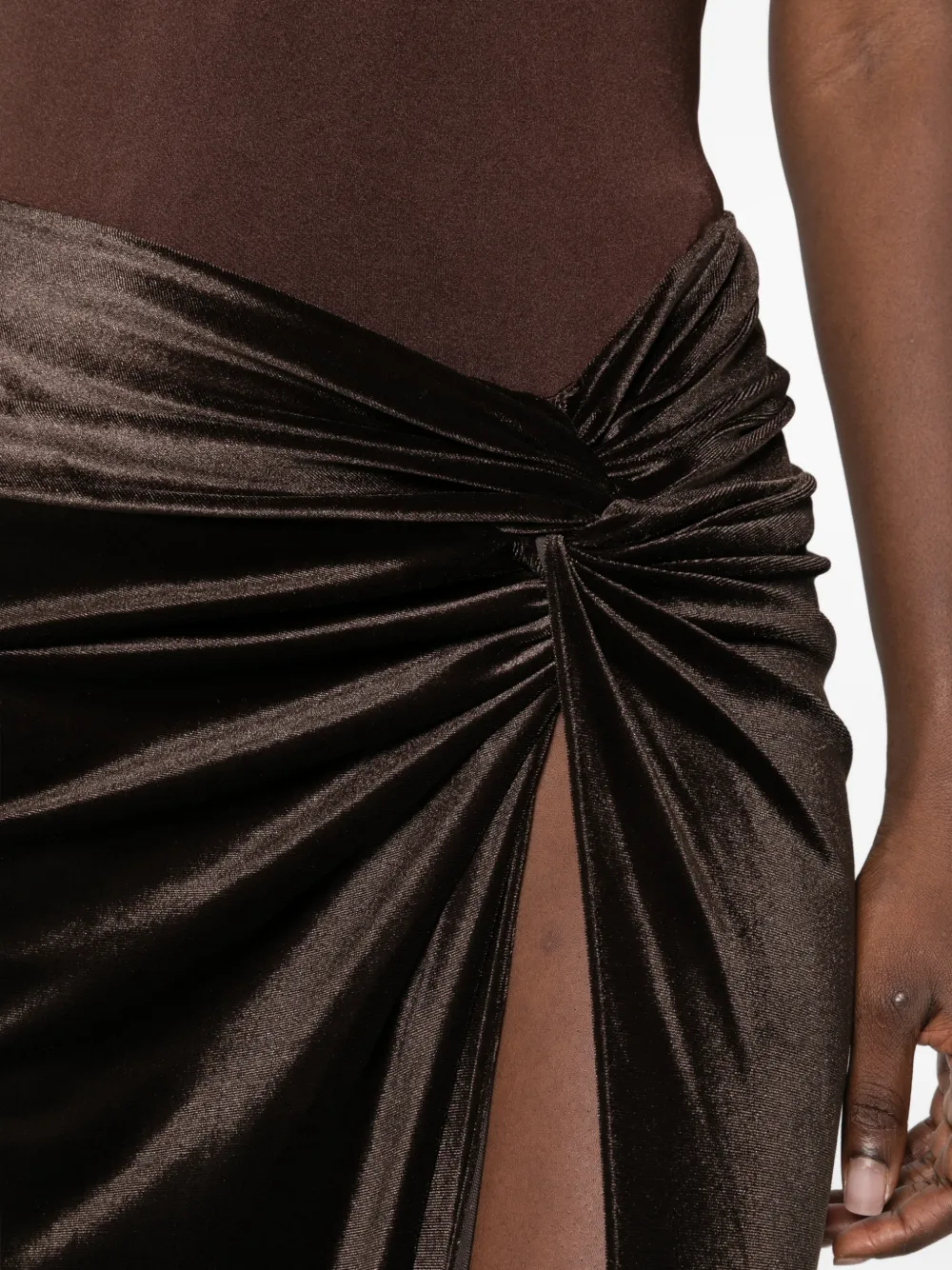 THE ANDAMANE halterneck backless bodysuit maxi dress Bruin
