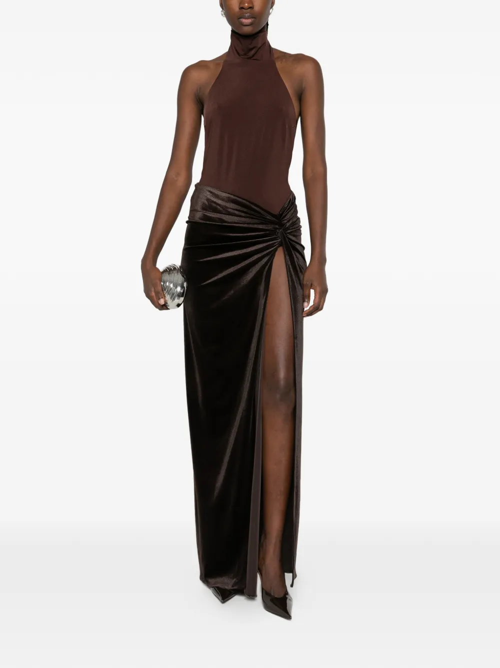 THE ANDAMANE halterneck backless bodysuit maxi dress Bruin