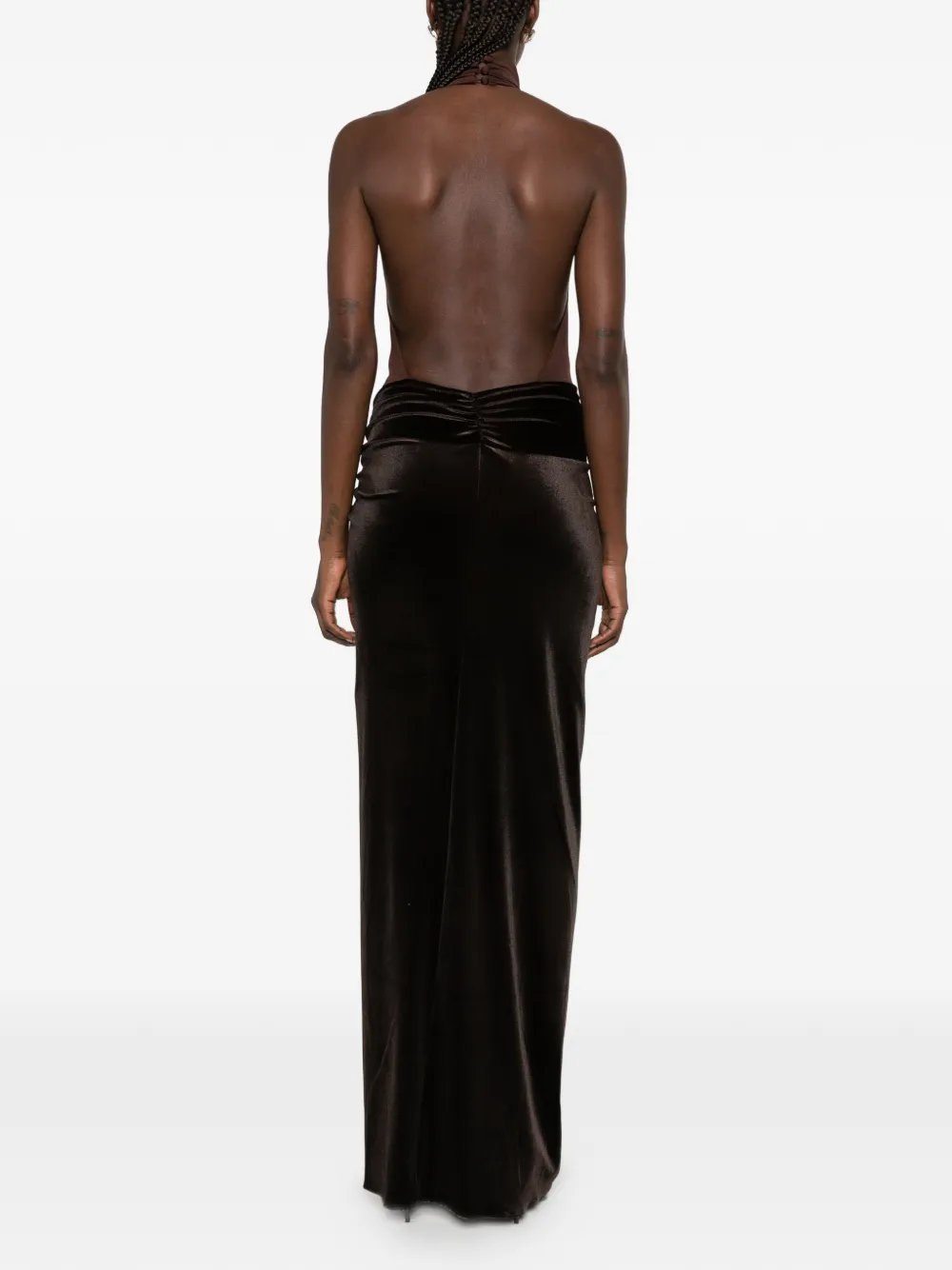 THE ANDAMANE halterneck backless bodysuit maxi dress Bruin