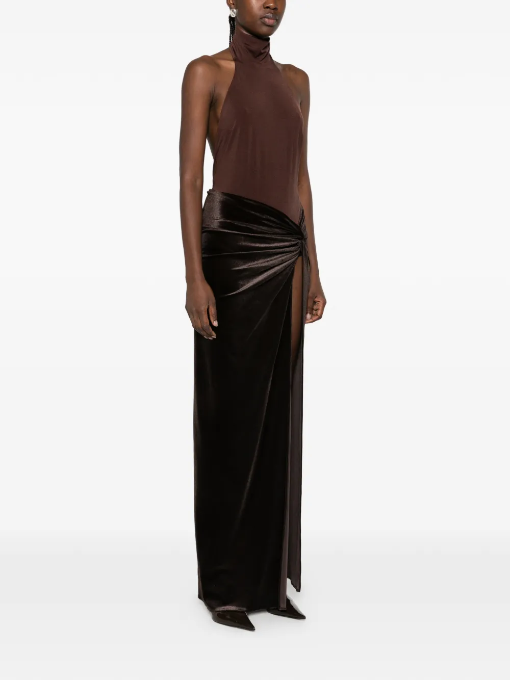 THE ANDAMANE halterneck backless bodysuit maxi dress Bruin