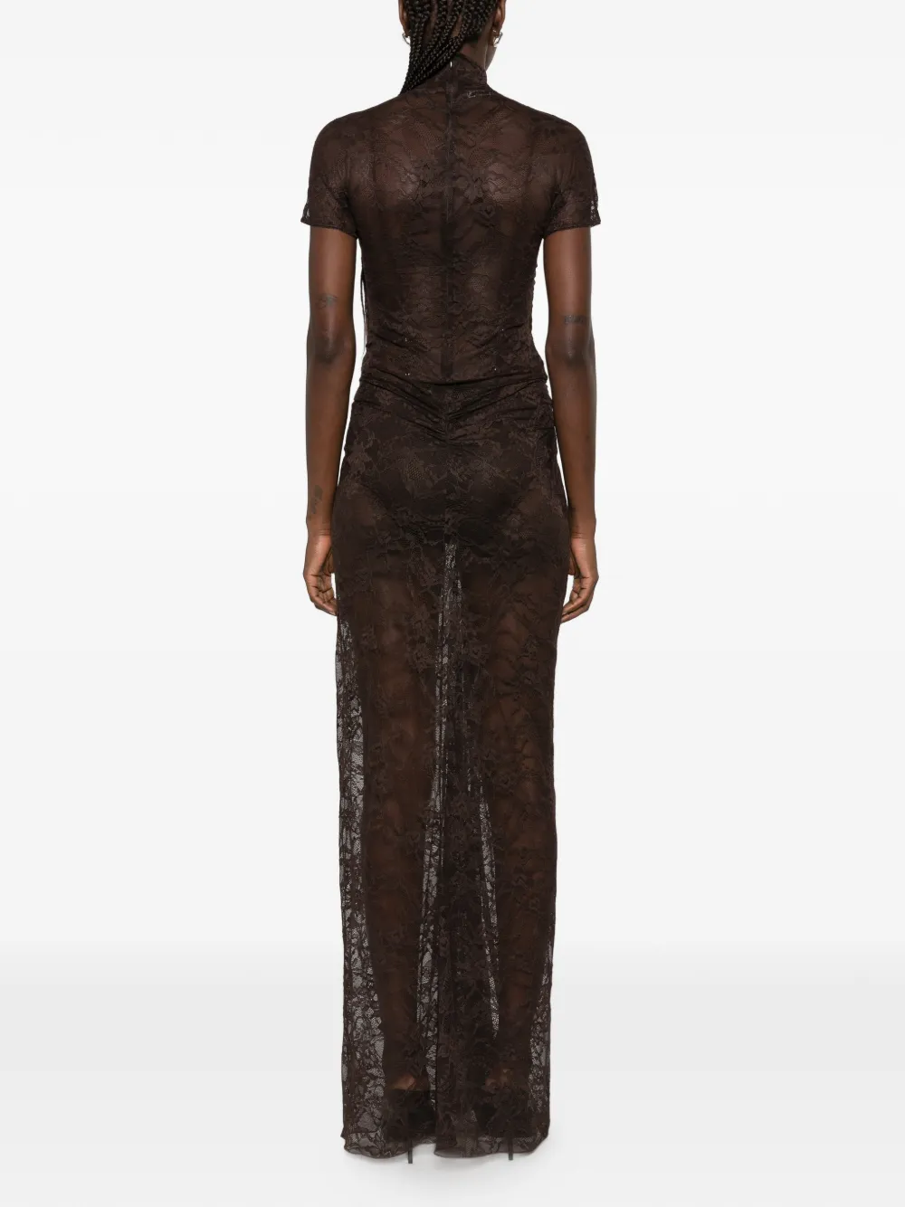 THE ANDAMANE Palma lace ruched gown maxi dress Bruin